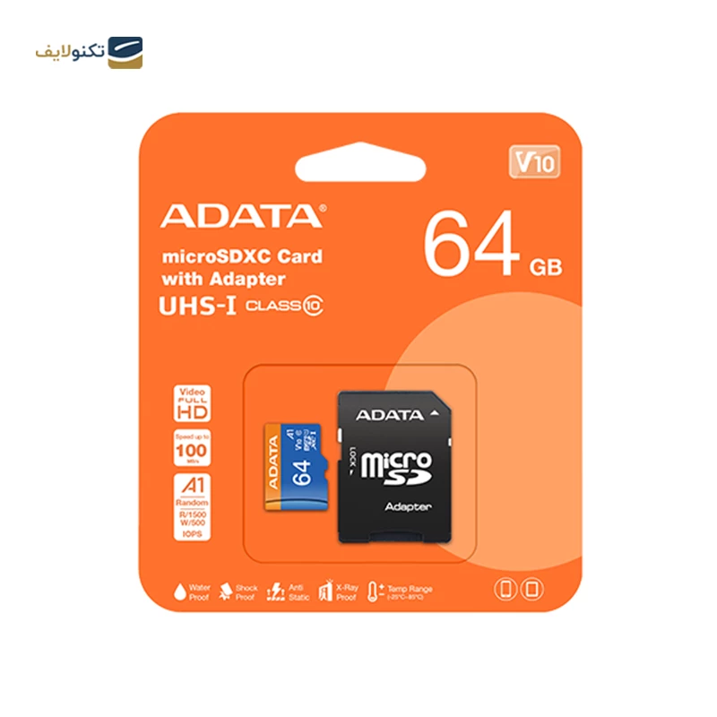 کارت حافظه microSDXC ای دیتا مدل Premier V10 A1 کلاس 10 استاندارد UHS-I سرعت 100MBps ظرفیت 64 گیگابایت به همراه آداپتور